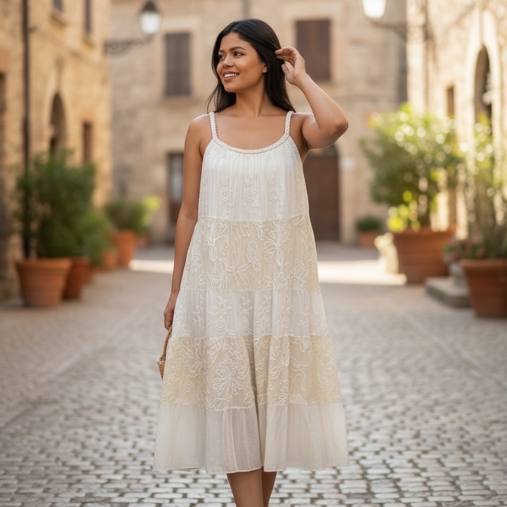 Tempo Paris Womens Size Medium Floral Embroidered Silk Dress Ivory 
Italy Eyelet